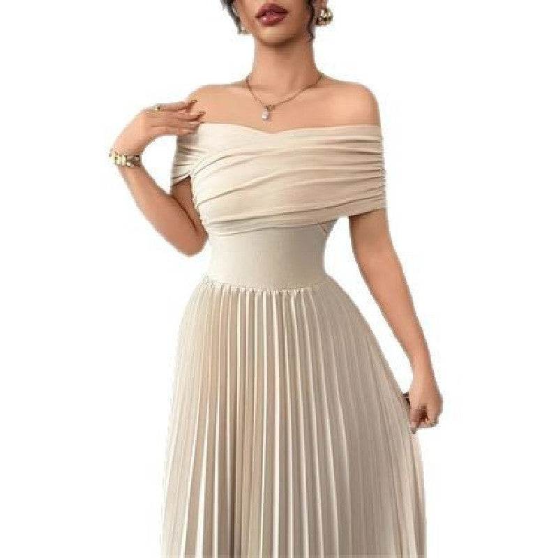 Women's Elegant A-Line Dress - Pleated French Style in Apricot - Buy Center US