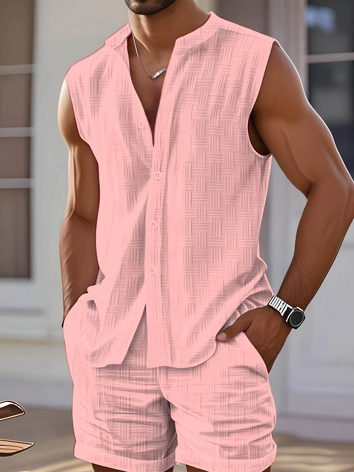 Summer Men's Casual Stand Collar Sleeveless Shirt & Shorts Beach Set - Buy Center US
