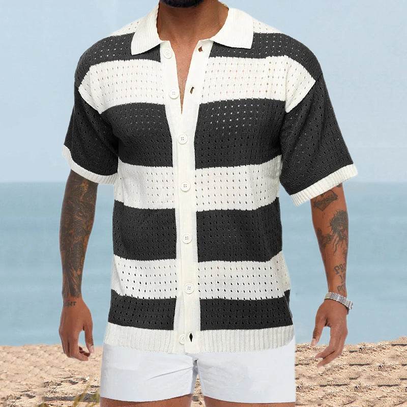 Men's Slim Fit Cardigan Polo - Short Sleeve Color Matching Knit Top - Buy Center US