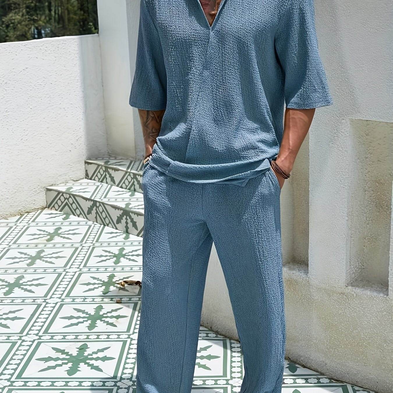 Men's Casual Two-Piece Suit - Short Sleeve Drop Shoulder Summer Style - Buy Center US