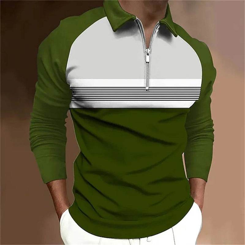 Men's Long Sleeve Color Matching Polo Shirt with Zipper - Casual Fashion - Buy Center US
