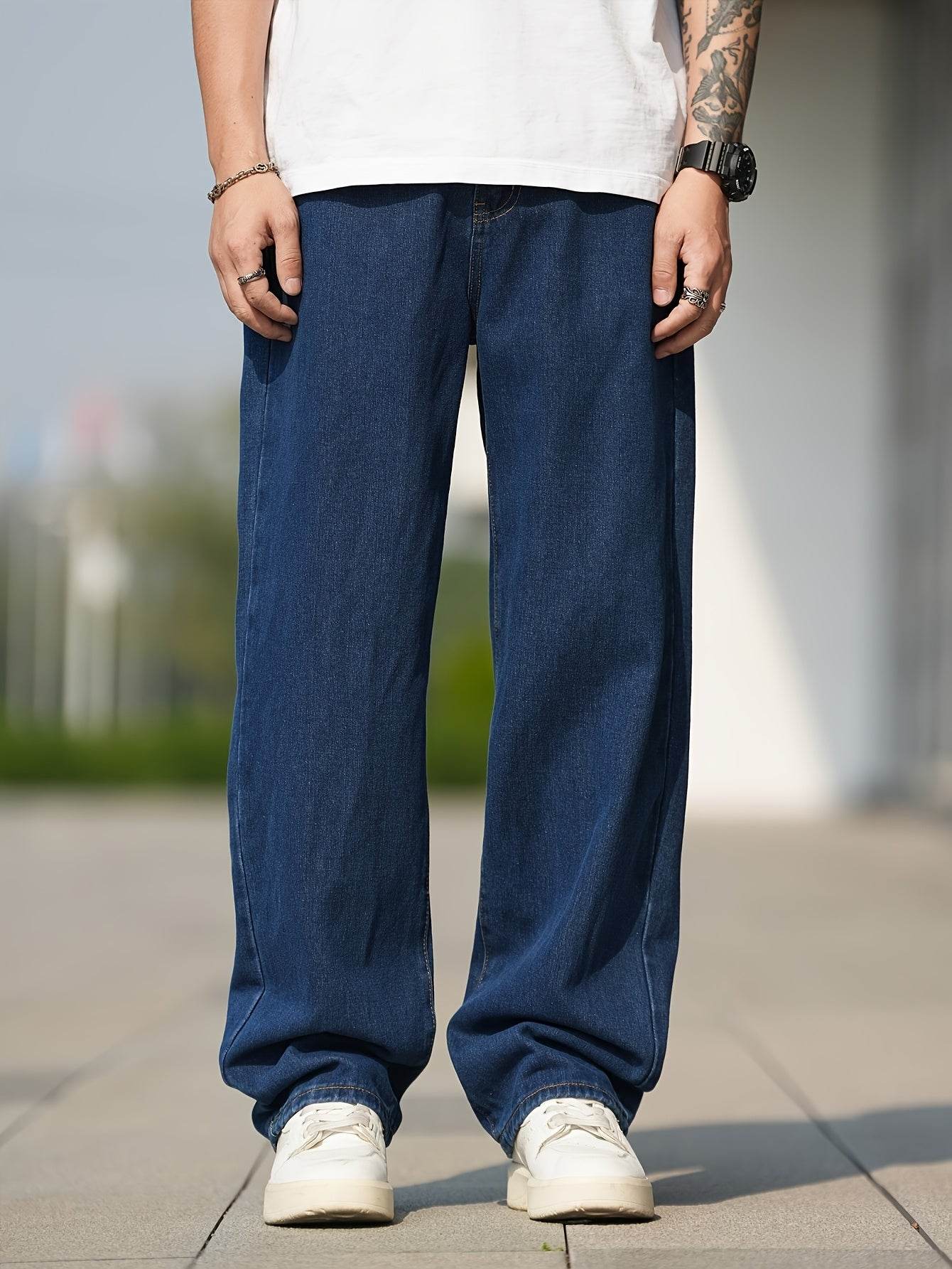 Men's Loose Fit Straight Leg Jeans - Washed Blue, All-Season Comfort - Buy Center US
