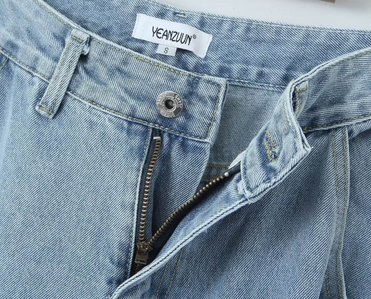 High Waist Loose Boyfriend Style Cargo Jeans - Denim Blue Trousers - Buy Center US