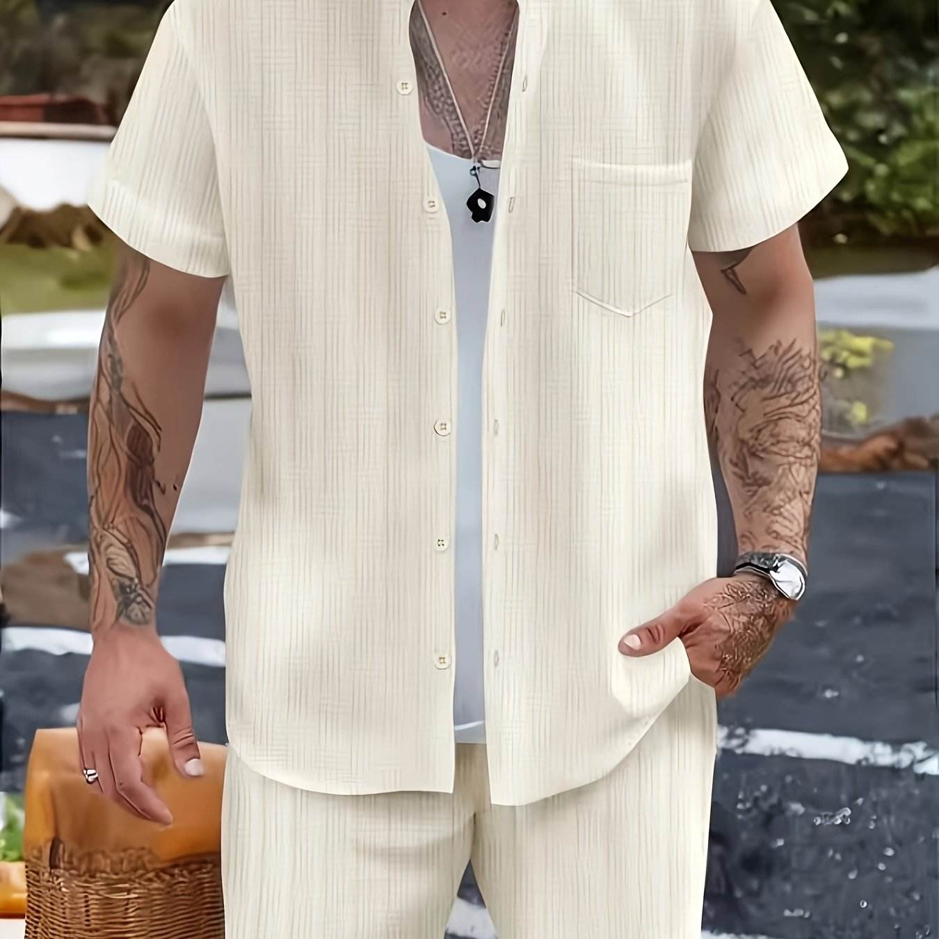 Men's Summer Casual 2-Piece Beach Outfit - Striped Short Sleeve Shirt & Shorts - Buy Center US