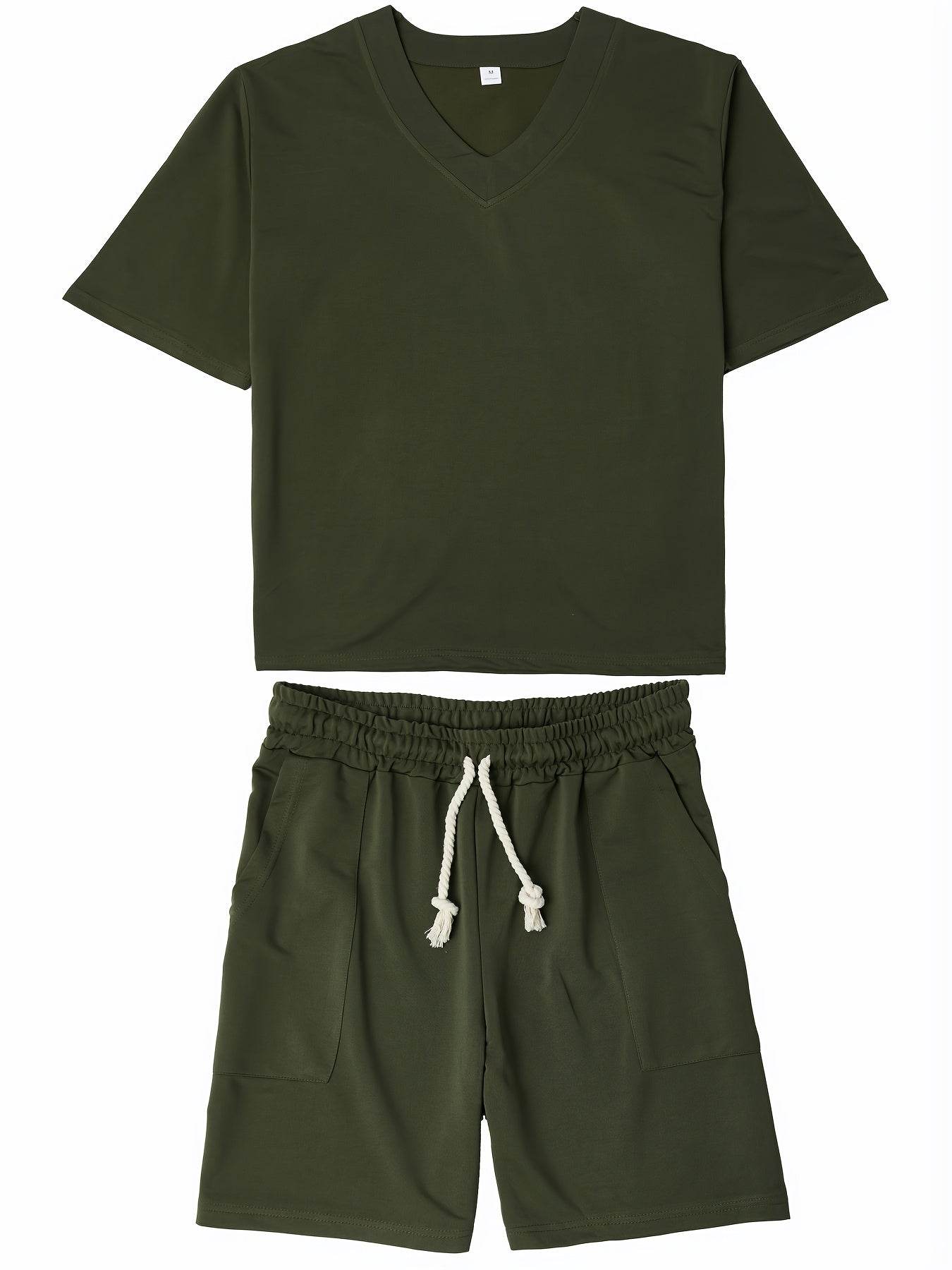 Summer Men's Casual V-Neck T-Shirt & Shorts Set - Trendy Polyester Outfit - Buy Center US