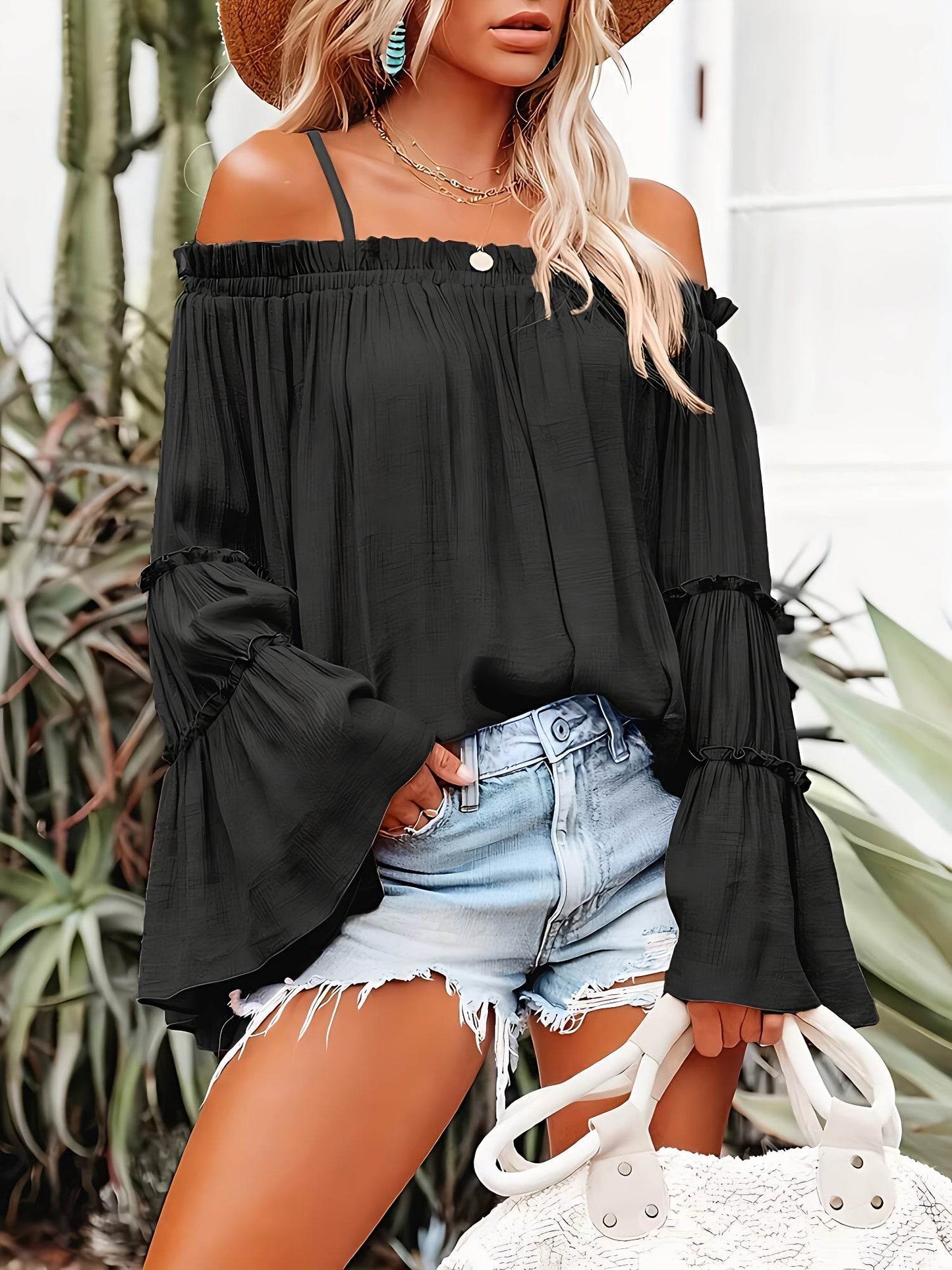 Elegant Women's One Shoulder Flared Sleeve Shirt - Solid Color Casual Wear - Buy Center US