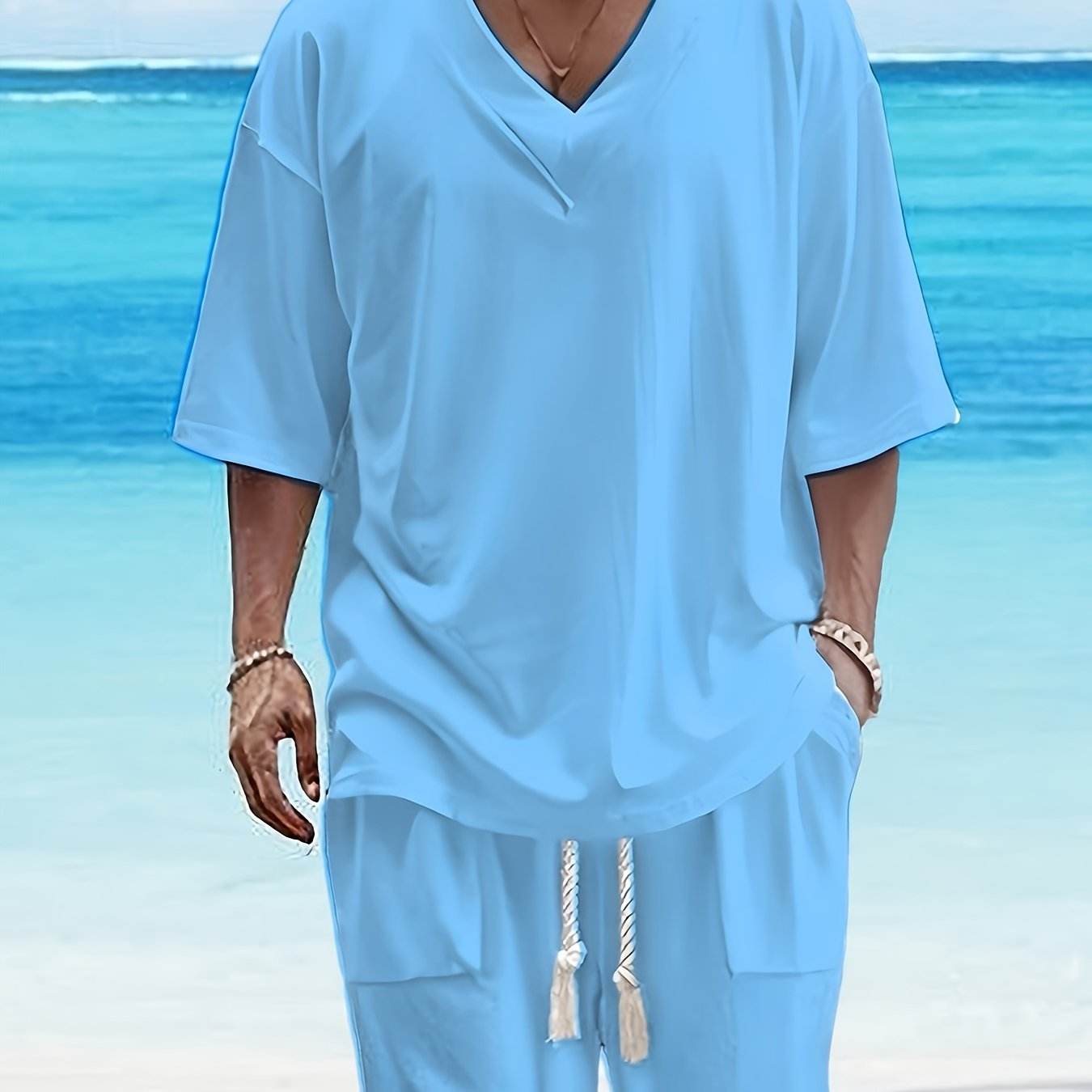 Summer Men's Casual V-Neck T-Shirt & Shorts Set - Trendy Polyester Outfit - Buy Center US