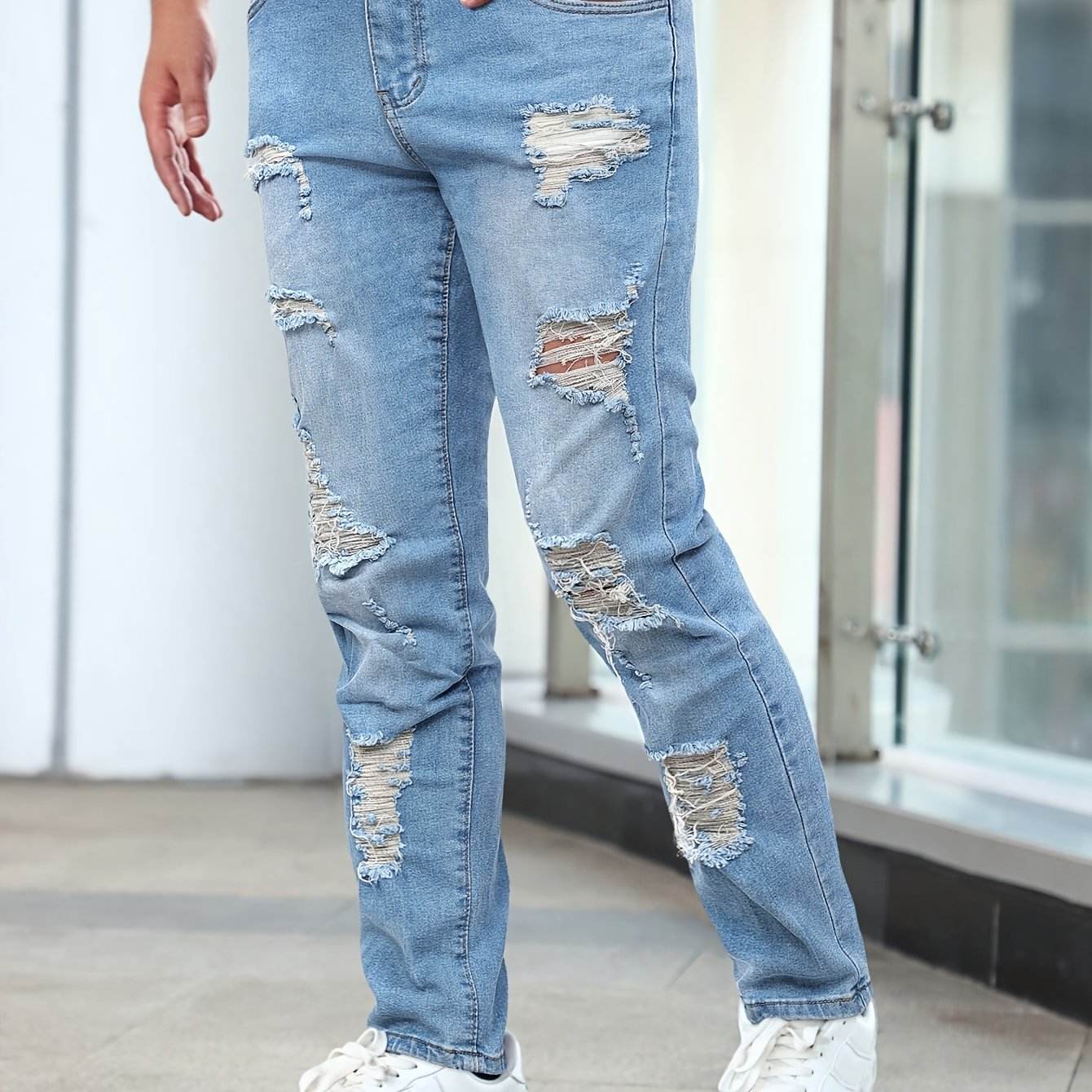 Gengyuanshi Men's Ripped Jeans - Slim Fit Street Style, Machine Washable - Buy Center US