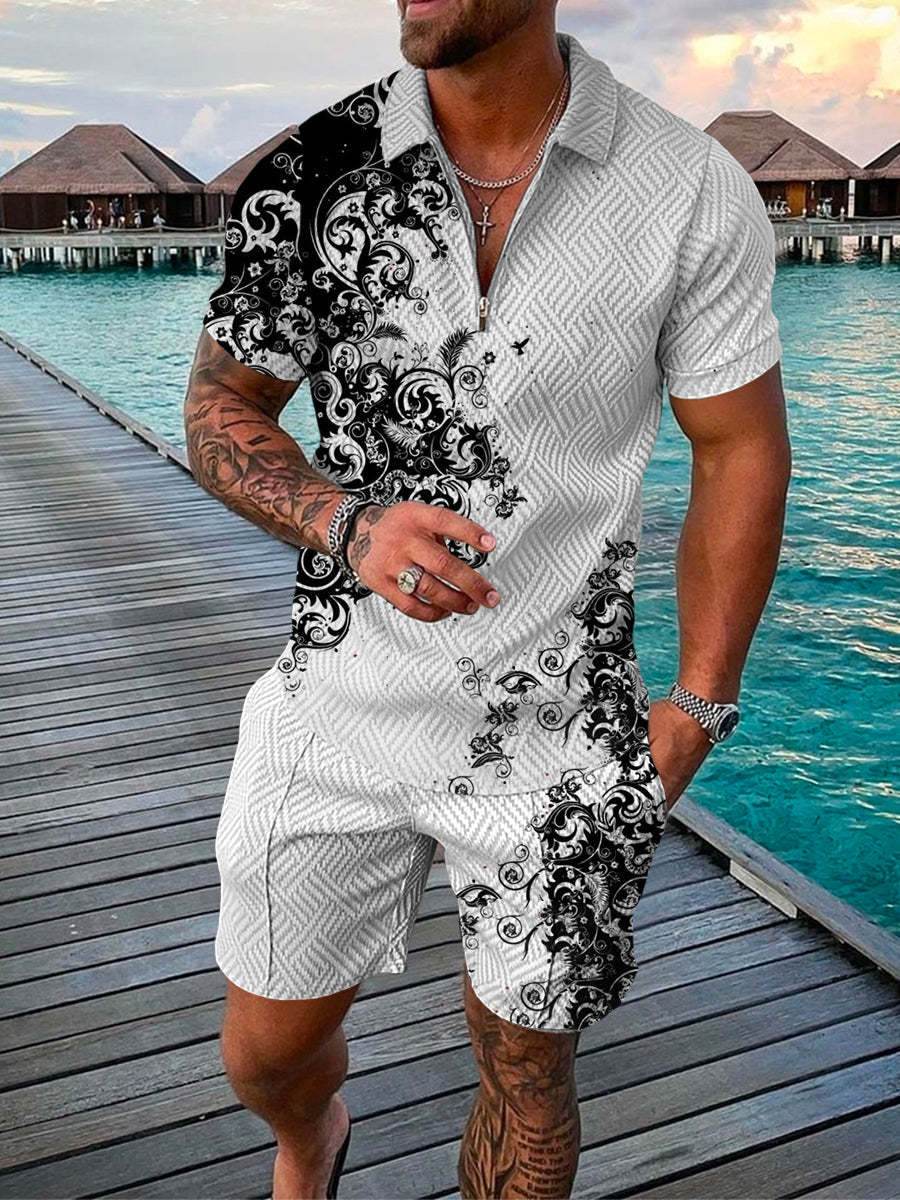 Men's Summer 3D Printed Geometric Zip Lapel Shirt Set - Hip Hop Style - Buy Center US