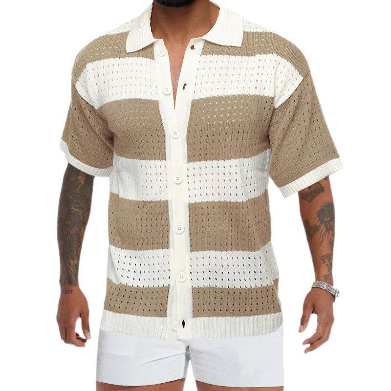 Men's Slim Fit Cardigan Polo - Short Sleeve Color Matching Knit Top - Buy Center US