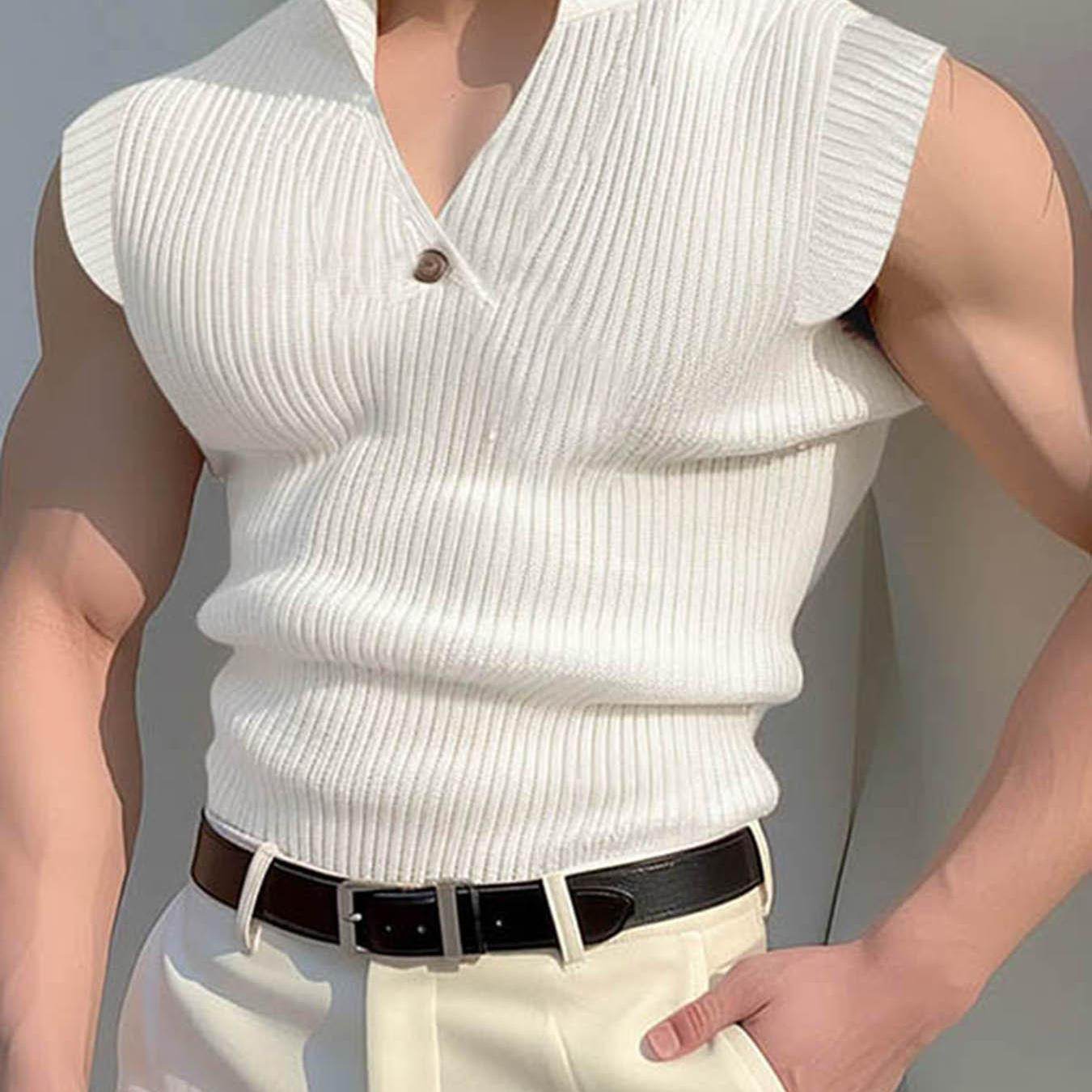Men's Casual Ribbed Knit Sleeveless Shirt - Lapel Collar Button-Up Tank - Buy Center US