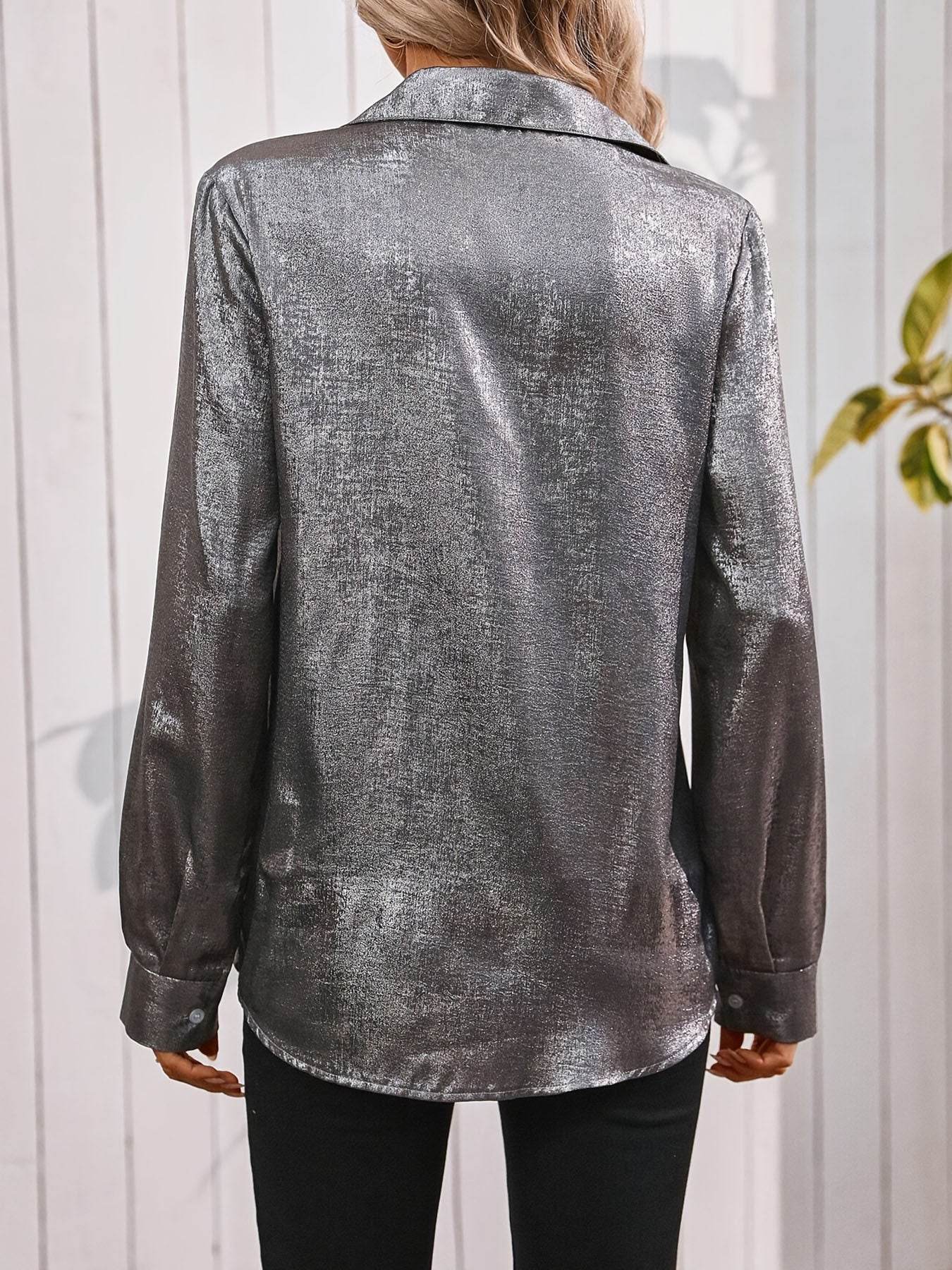 Women's Satin Minimalist V-Neck Button Pocket Shirt - Casual All-Season Top - Buy Center US