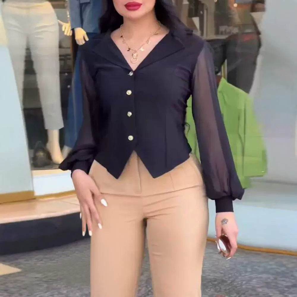 European & American Style Button Shirt Top - Fashion Mesh Patchwork - Buy Center US