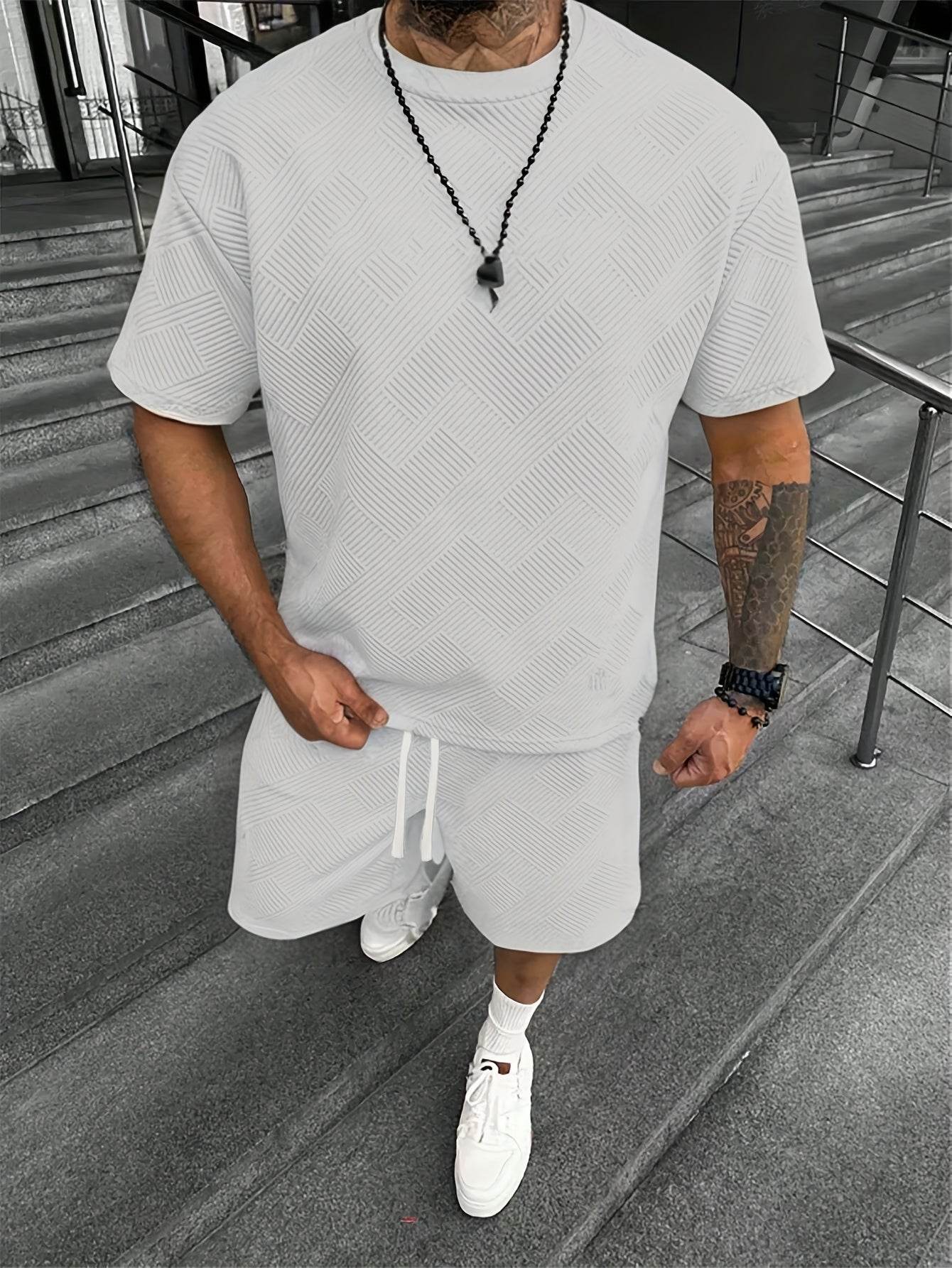 Men's Summer Houndstooth Knitted T-Shirt & Shorts Set - Casual Sports Outfit - Buy Center US