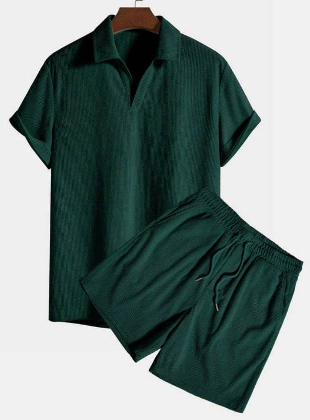 Buycenter Multi-Color Beachwear Set - Casual Corduroy Short Sleeve Suit - Buy Center US