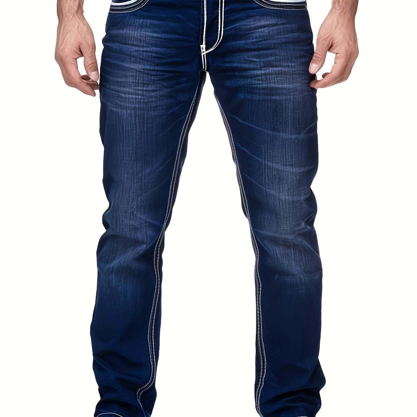 Men's Slim-Fit Stretch Denim Jeans - Embroidered Pocket in Dark Blue - Buy Center US