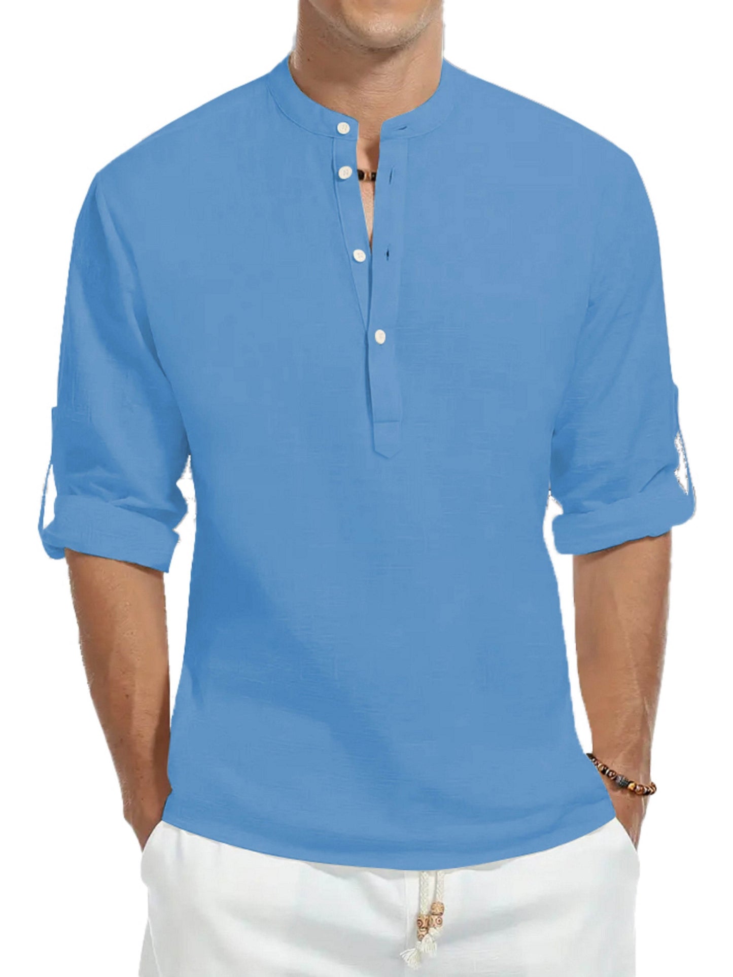 Men's 100% Cotton Long Sleeve Shirt - Casual Solid Color Stand Collar - Buy Center US
