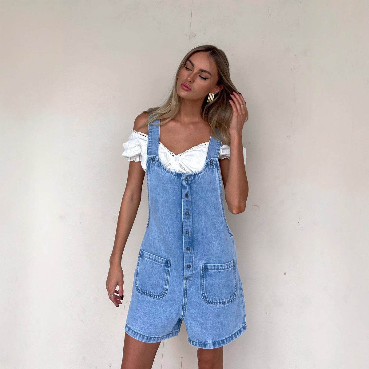 Women's Slim Straight Suspender Trousers - Denim Blue One-Piece Style - Buy Center US