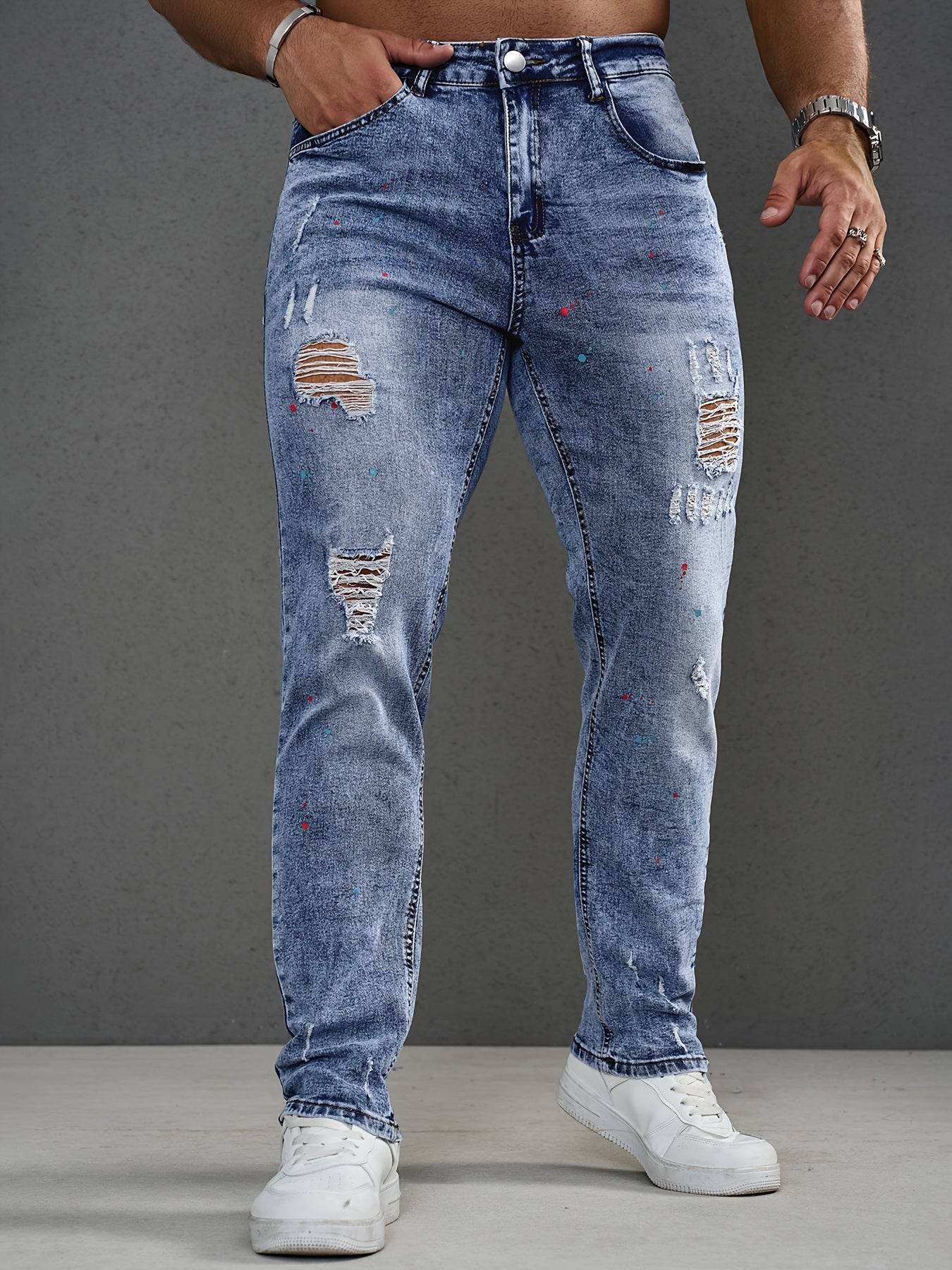 Men's Distressed Skinny Jeans - Stretchy Casual Pants with Frayed Hem - Buy Center US