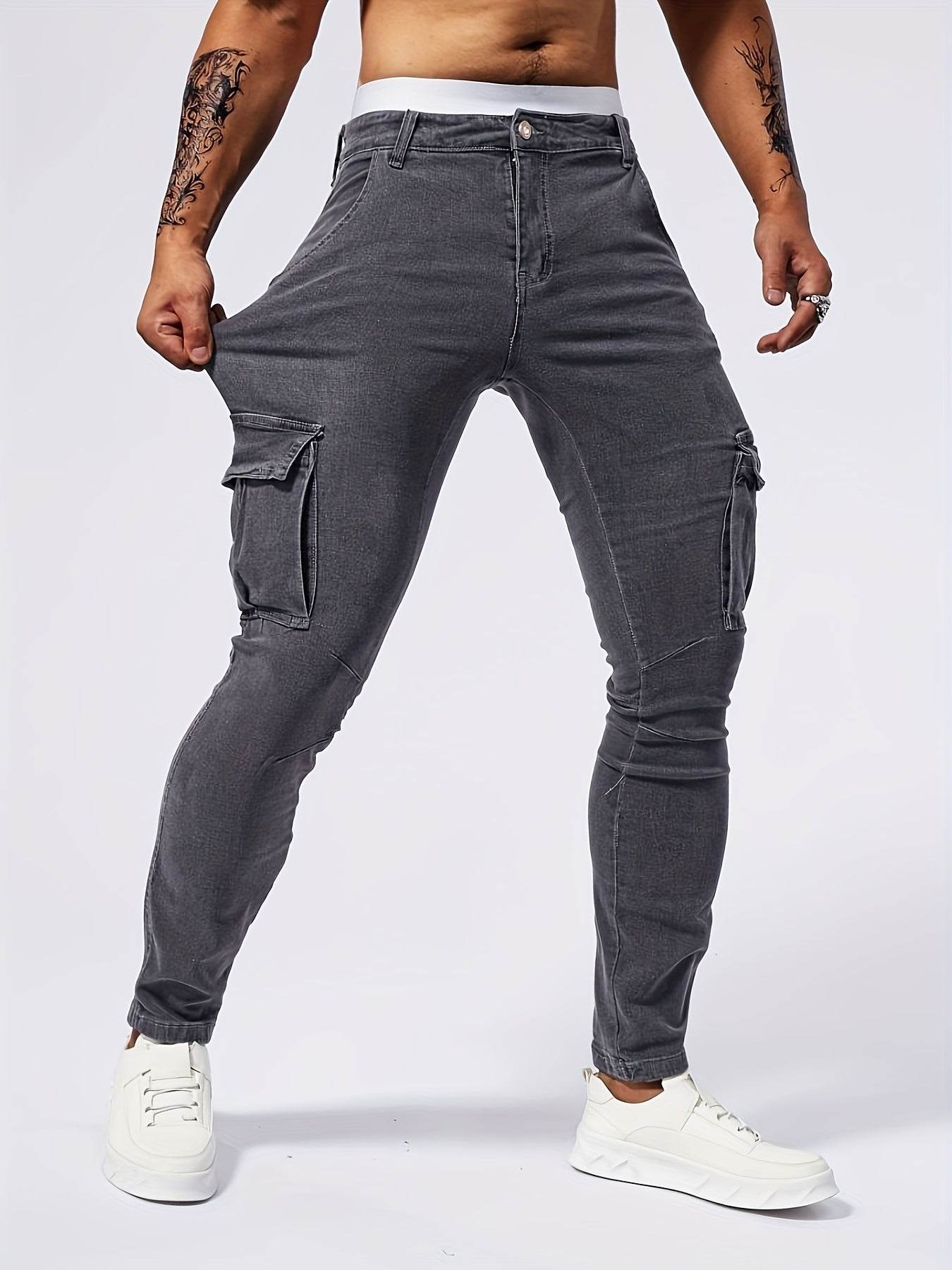 Men's Slim-Fit Denim Cargo Pants - Stretch, Multi-Pocket, Trendy Style - Buy Center US