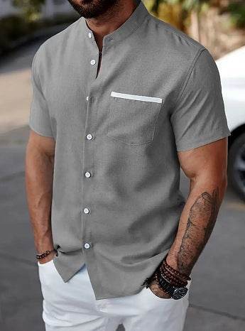 Men's Linen Contrast Color Short Sleeve Shirt - Casual Fit, Multiple Colors - Buy Center US
