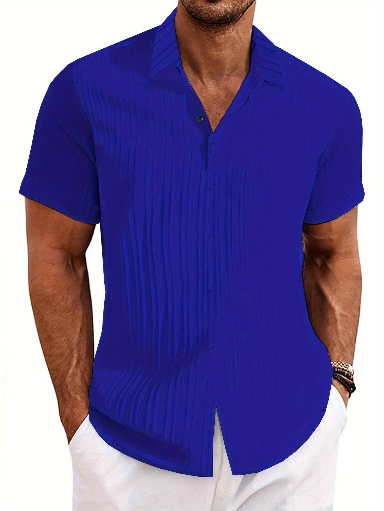 Men's Classic Blue Short Sleeve Shirt - Textured Polyester, Easy Care - Buy Center US