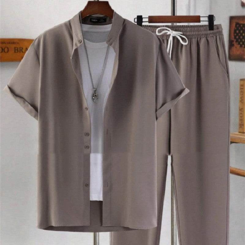 Buycenter Men's Short Sleeve Cardigan Suit - Casual Cotton Shirt & Pants - Buy Center US