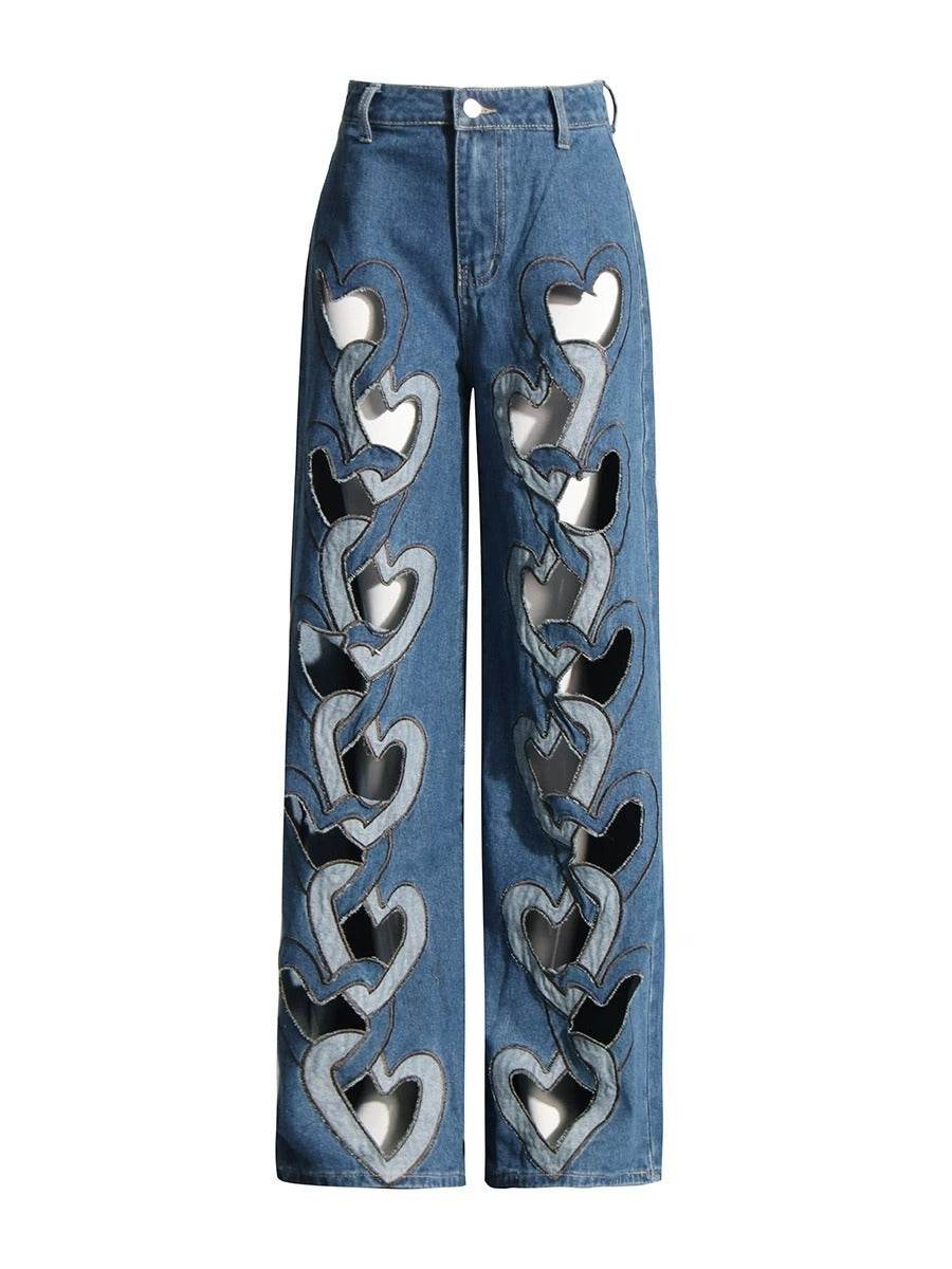 High Waist Hollow Heart Shape Wide Leg Jeans - Stylish Denim Trousers - Buy Center US