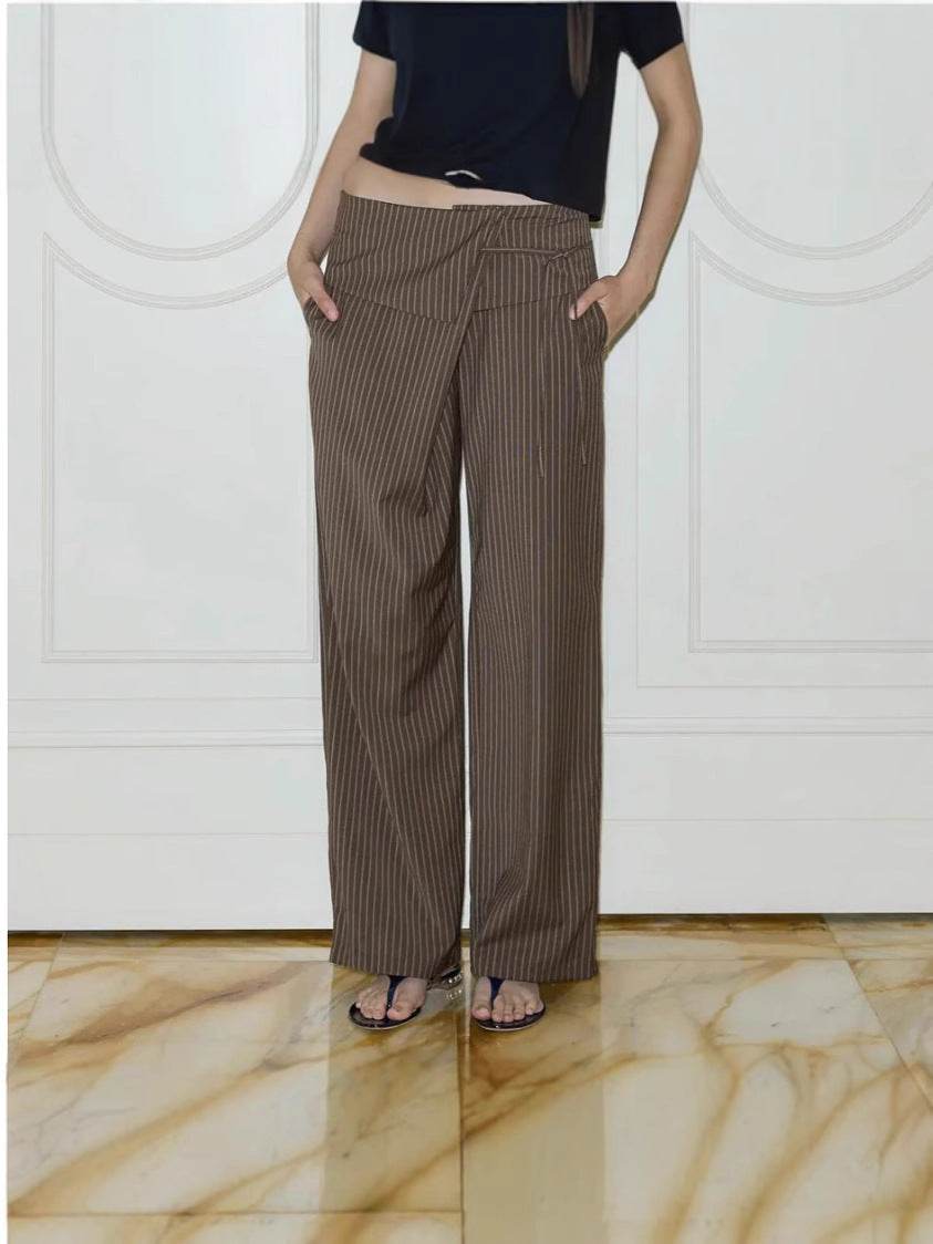 Women's Casual Striped Trousers - Loose Fit Lace Up Pants in Dark Brown - Buy Center US