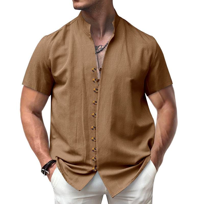 Buycenter Linen Button Stand Collar Shirt - Short Sleeve, Loose Fit - Buy Center US