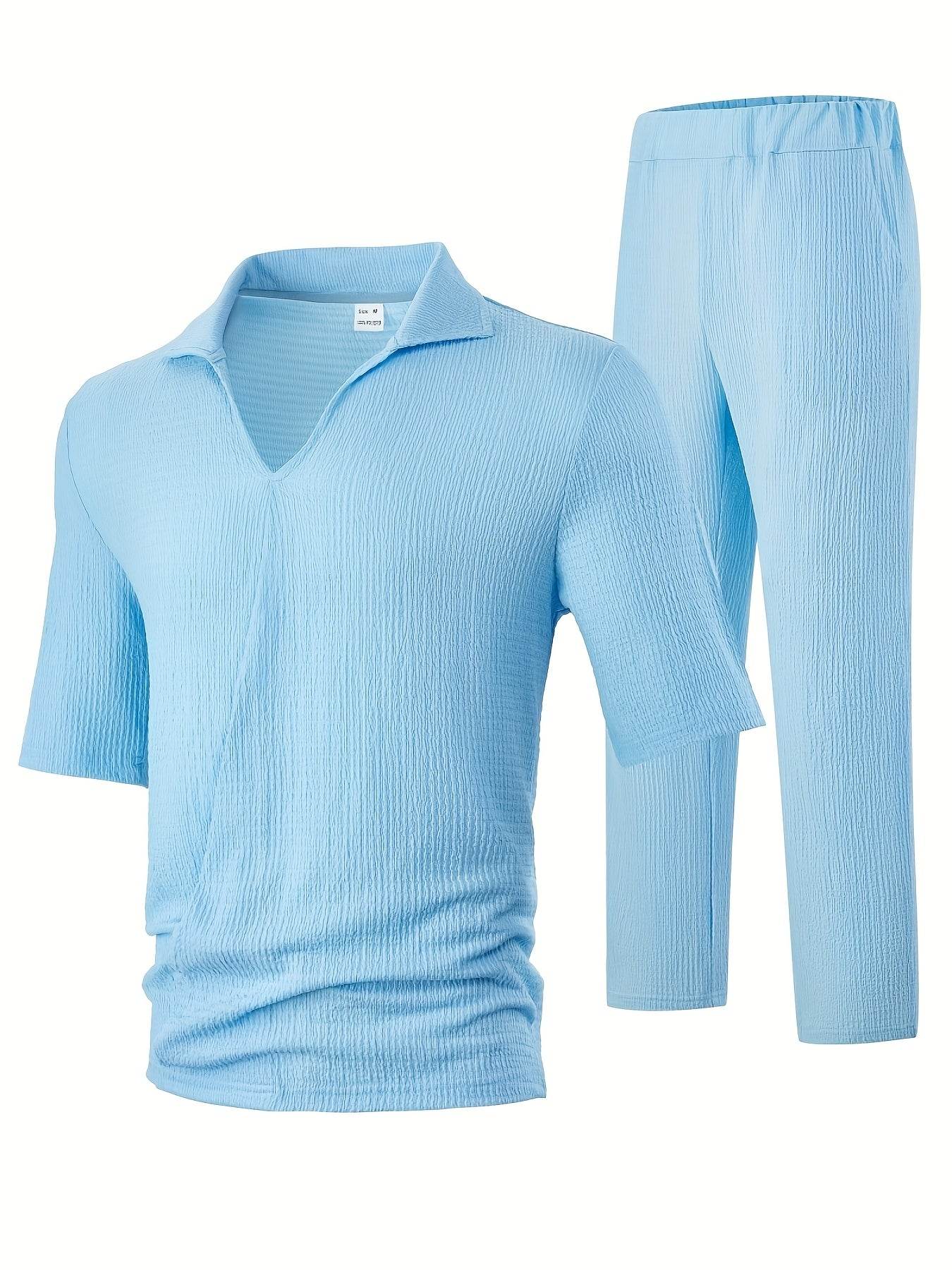 Men's Casual Summer T-Shirt & Pants Set - Light Blue V-Neck Style - Buy Center US