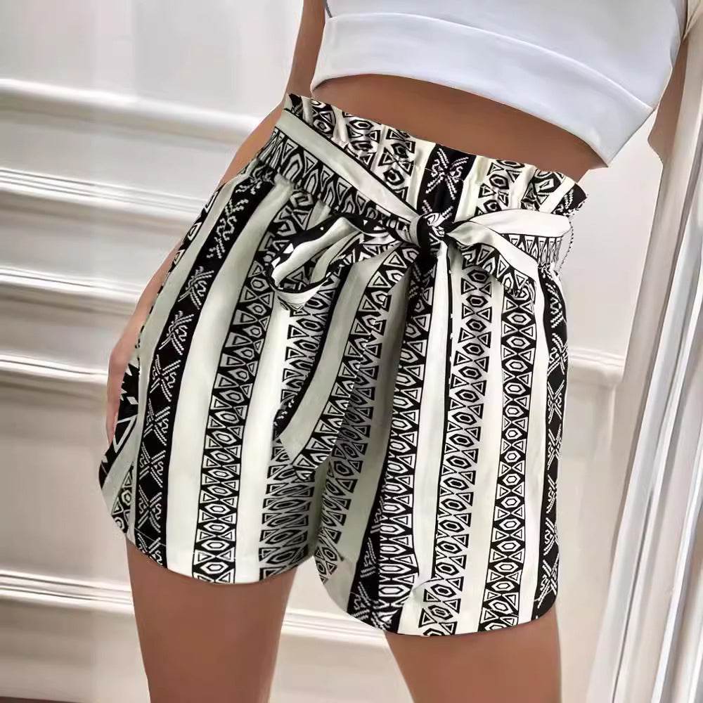 Printed Casual Shorts for Women - High Waist Commuter Style, Belted Design - Buy Center US