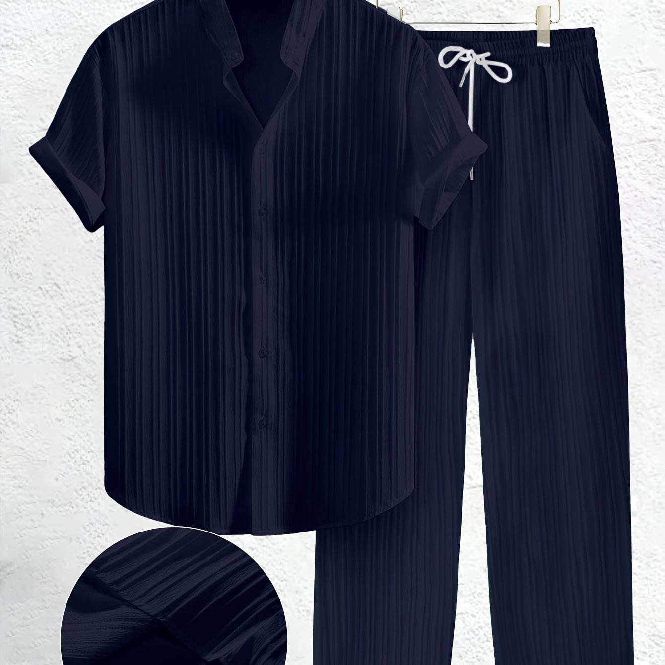 Men's Casual Summer Co-ord Set - Short Sleeve Shirt & Pants, Solid Color - Buy Center US