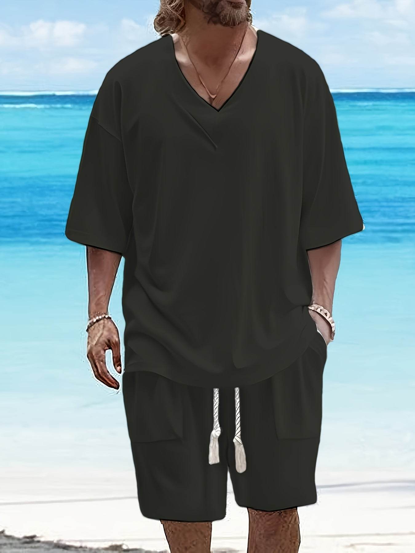 Summer Men's Casual V-Neck T-Shirt & Shorts Set - Trendy Polyester Outfit - Buy Center US