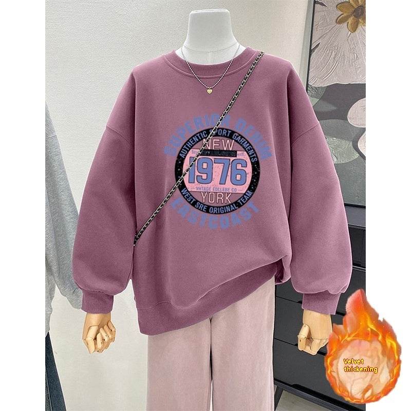 Retro Loose Round Neck Hoodie for Women - Cartoon Print, Long Sleeve - Buy Center US