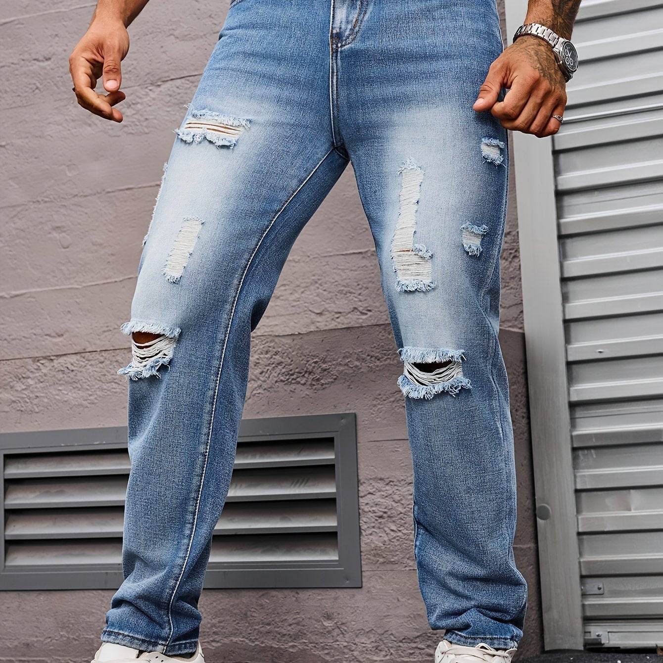 Men's Distressed Light Blue Denim Jeans - Casual Straight Leg for Summer - Buy Center US
