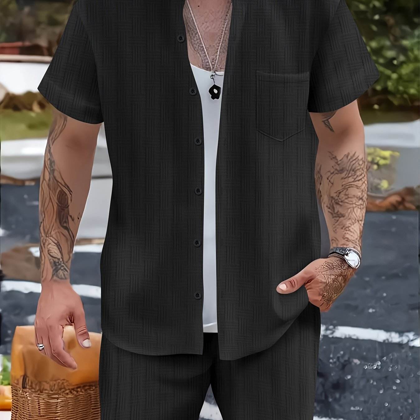 Men's Summer Casual 2-Piece Beach Outfit - Striped Short Sleeve Shirt & Shorts - Buy Center US