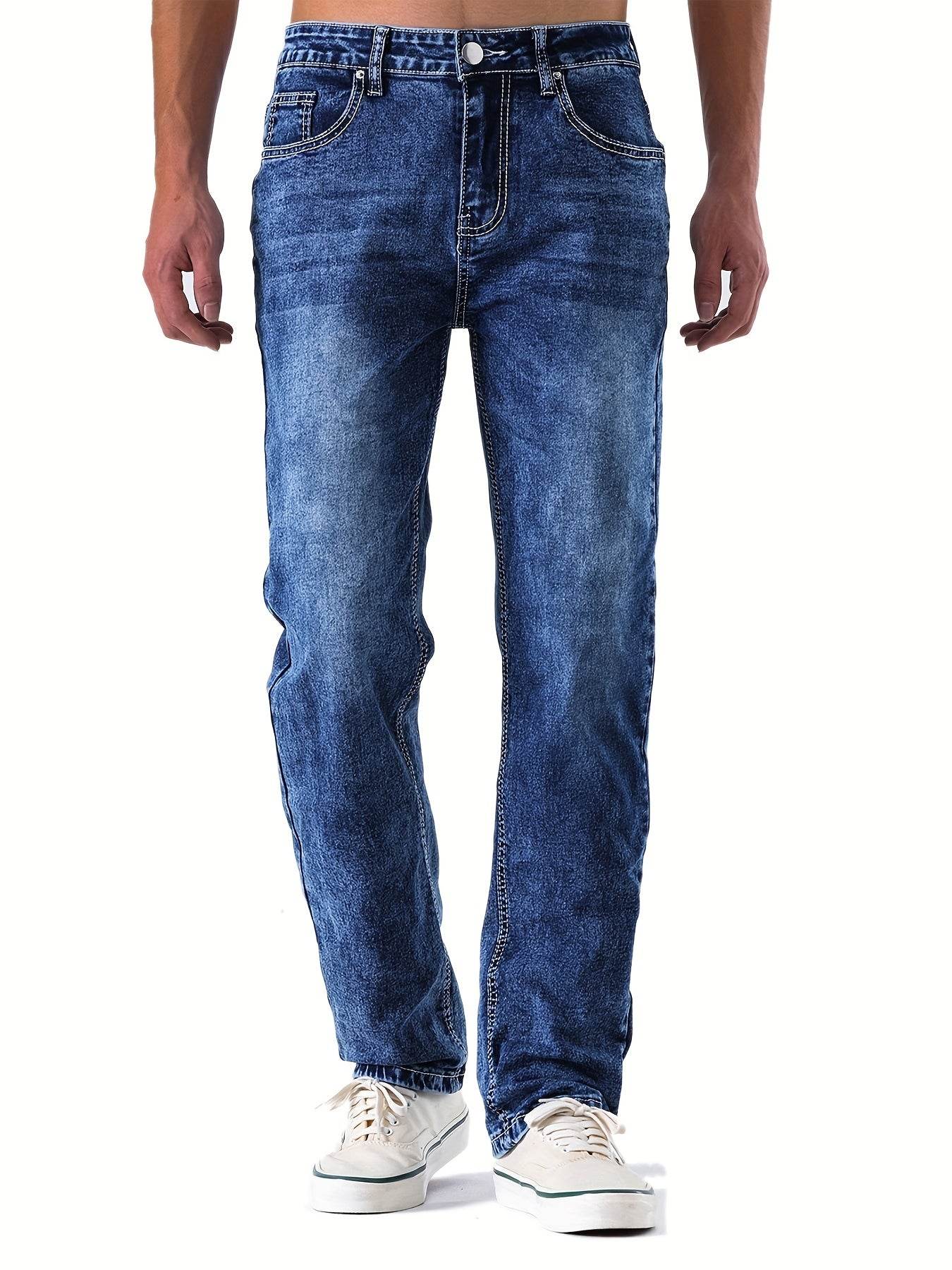 Stylish Men's Washed Blue Jeans - Stretchy Denim for Casual Wear - Buy Center US