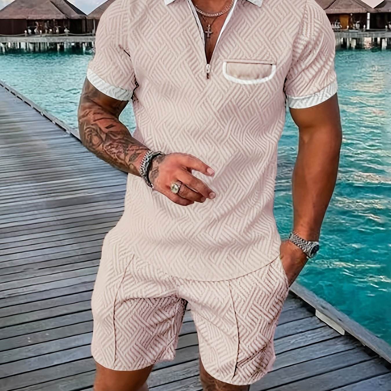 Men's Casual Knee-Length Kurta and Shorts Set - Breathable Polyester, Stylish - Buy Center US
