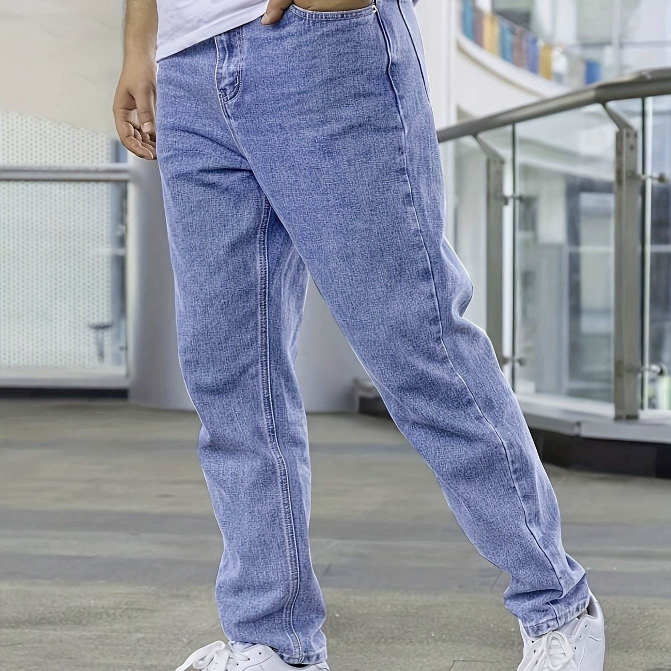 Men's Loose Fit Light Blue Jeans - Non-Stretch Cotton Blend Comfort - Buy Center US