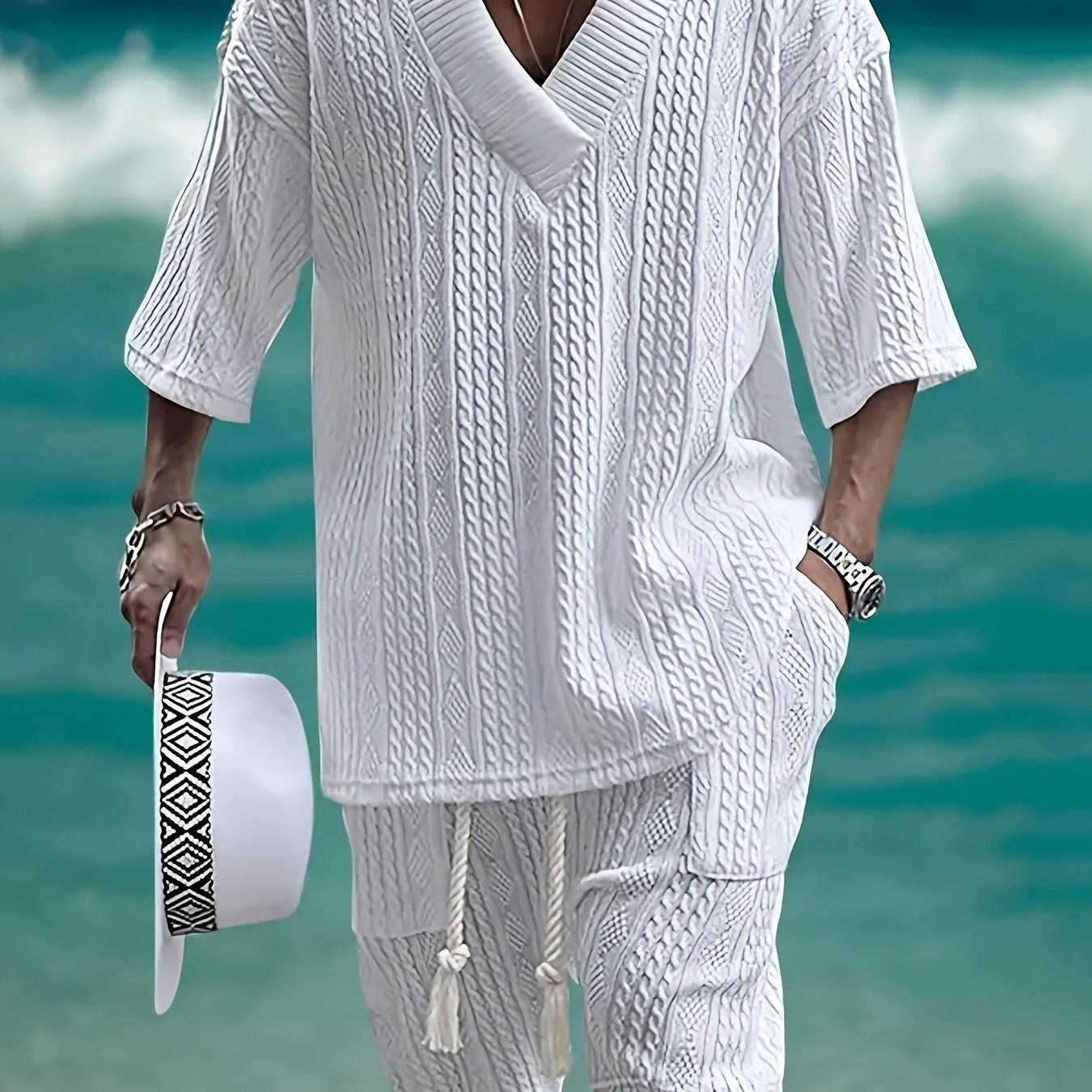 Men's V-Neck Casual Summer Suit - Breathable Mid Sleeve Top & Shorts - Buy Center US
