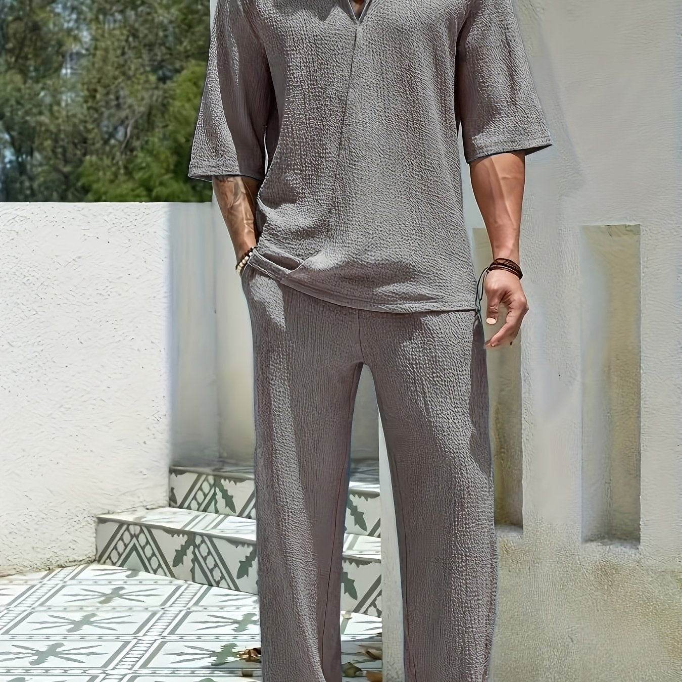 Men's Casual Two-Piece Suit - Short Sleeve Drop Shoulder Summer Style - Buy Center US