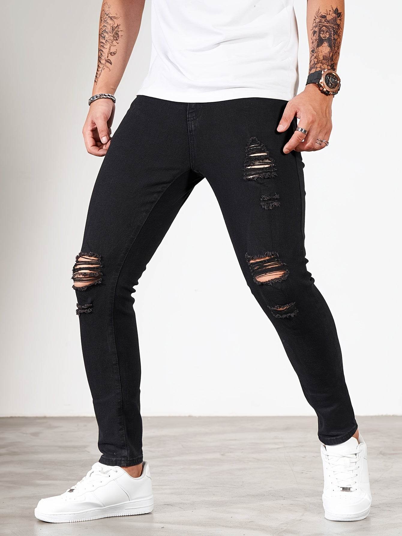 Men's Ripped Skinny Jeans - Stretch Denim Casual Wear | Distressed White/Black - Buy Center US
