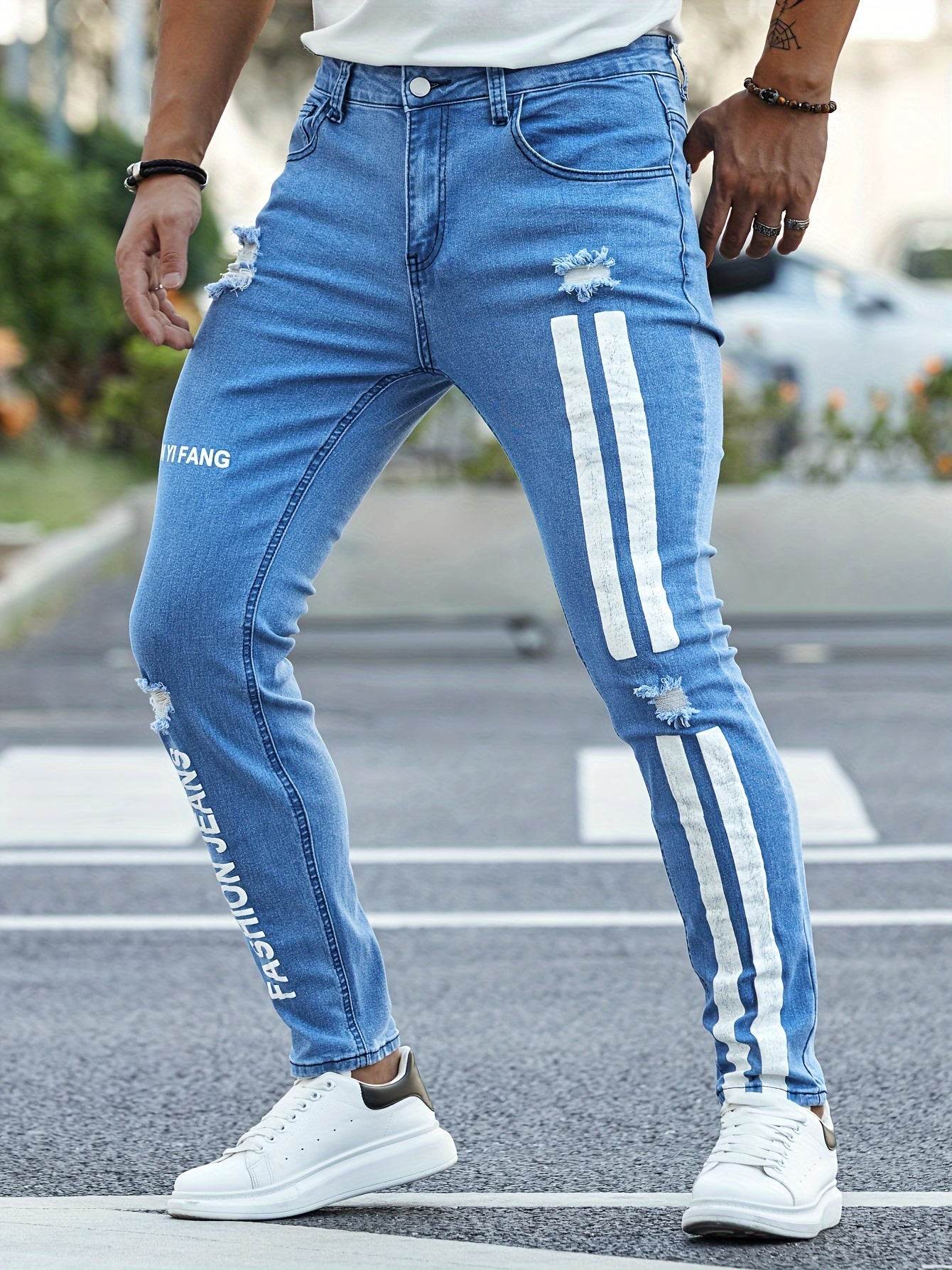 Men's Slim Fit Stretchy Denim Jeans - Casual Side Stripes Design - Buy Center US