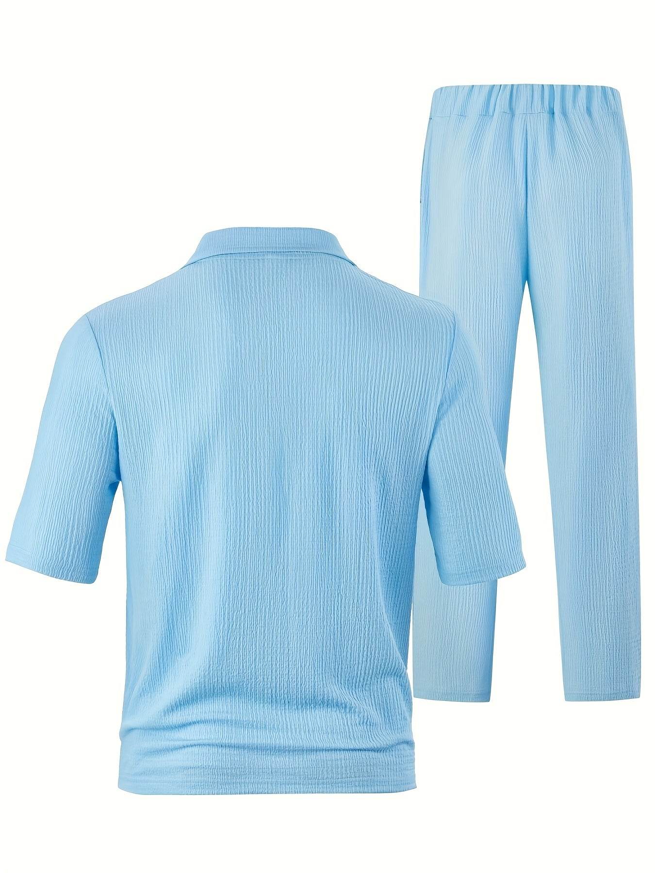 Men's Casual Summer T-Shirt & Pants Set - Light Blue V-Neck Style - Buy Center US
