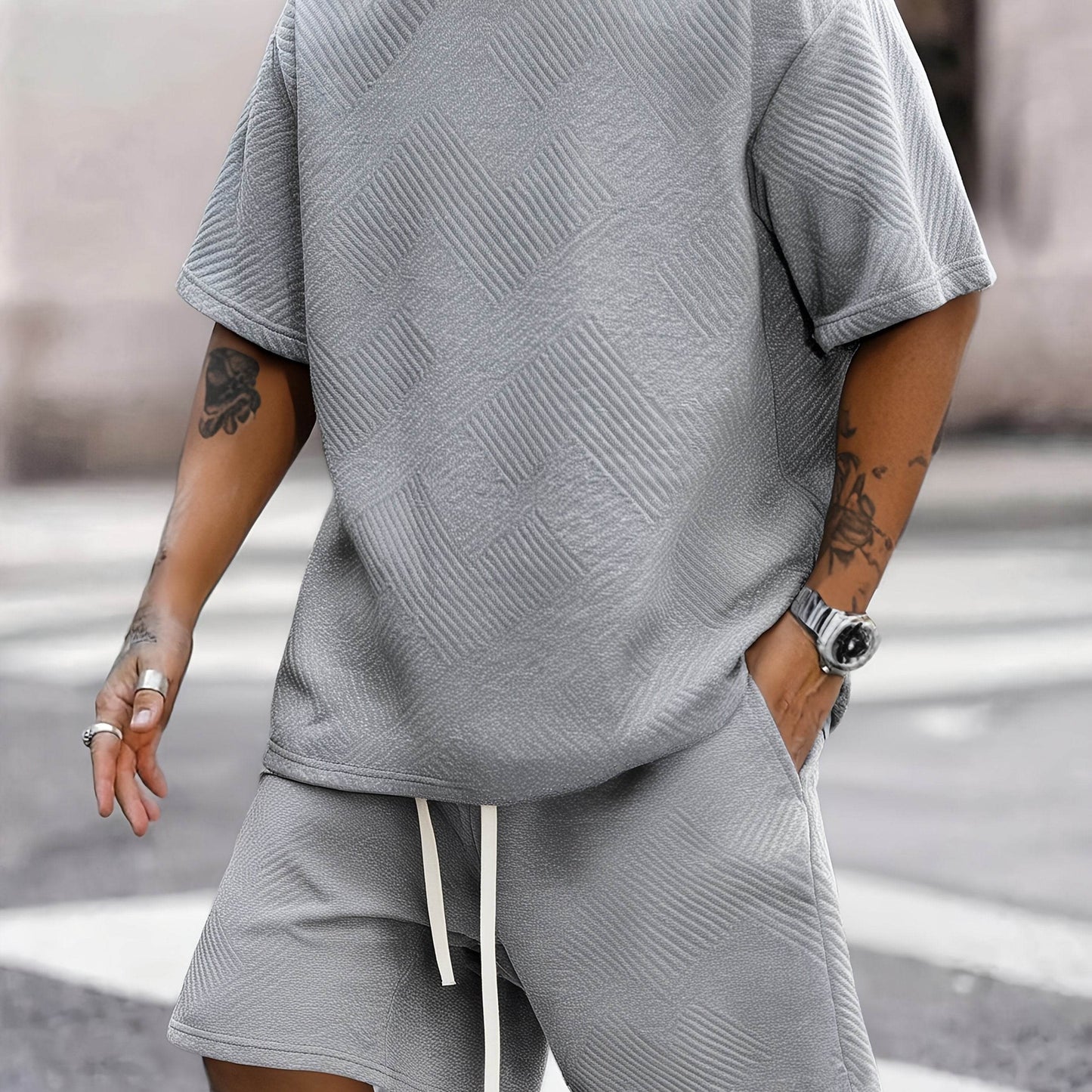 Trendy Summer Loose Men's Casual T-Shirt Set - Round Neck, Solid Color - Buy Center US