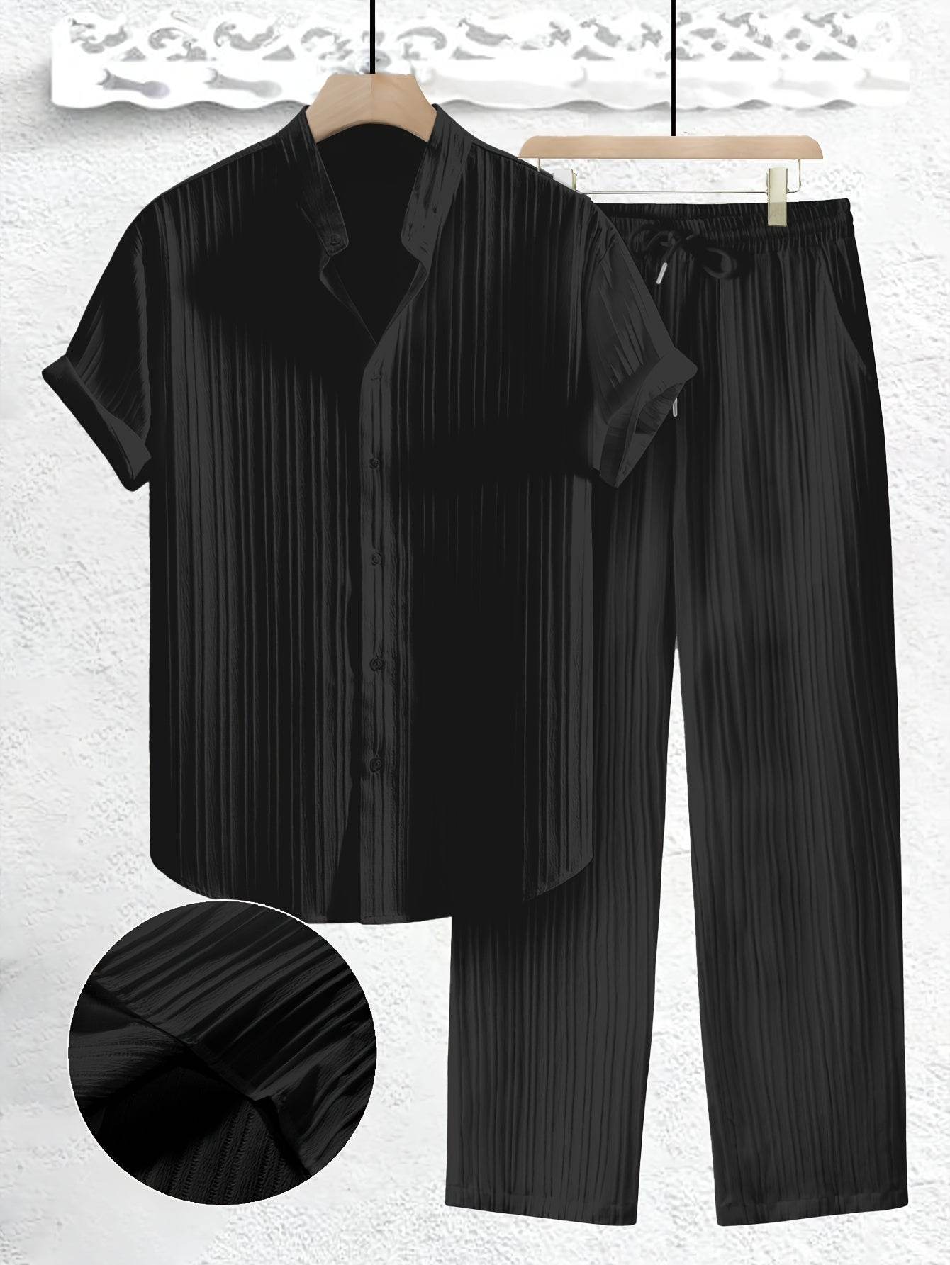 Men's Casual Summer Co-ord Set - Short Sleeve Shirt & Pants, Solid Color - Buy Center US