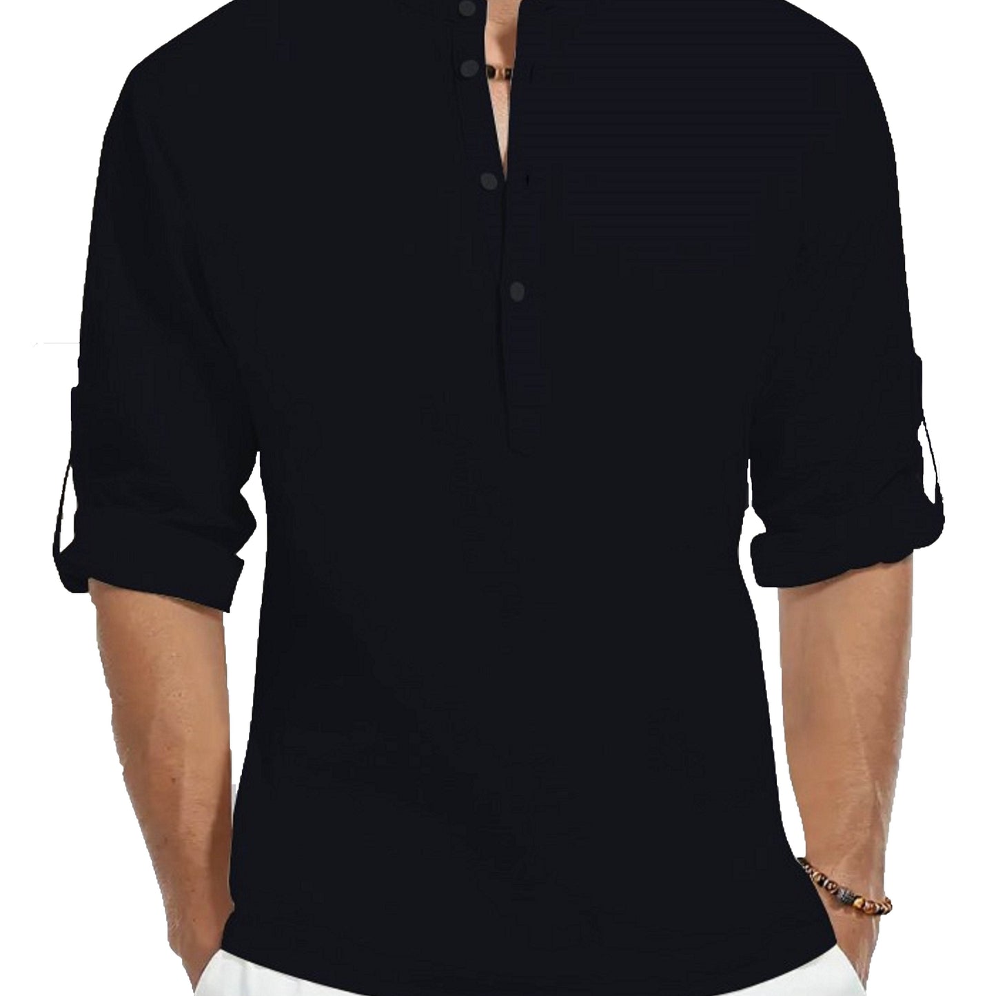 Men's 100% Cotton Long Sleeve Shirt - Casual Solid Color Stand Collar - Buy Center US