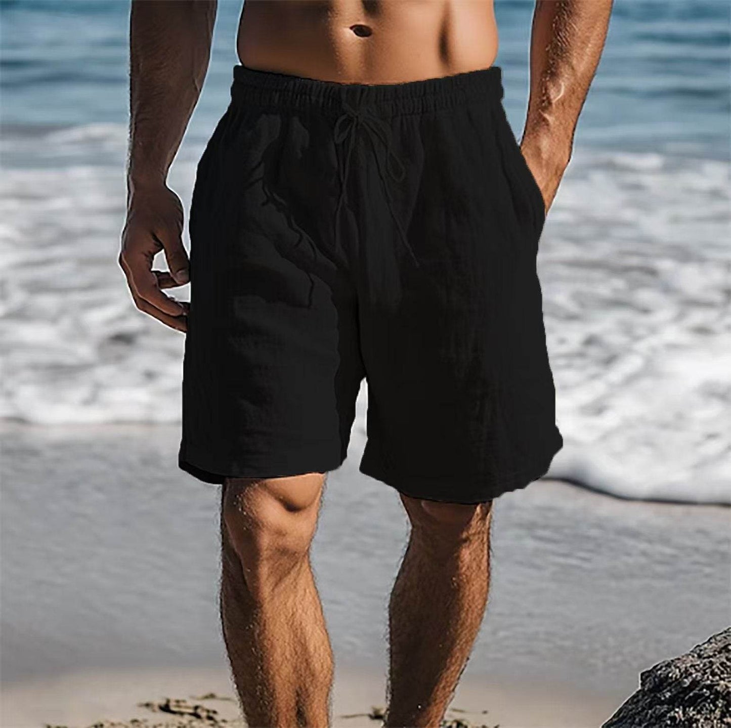 Buycenter Cotton Linen Drawstring Shorts - Elastic Waist, Multi-Pocket Style - Buy Center US