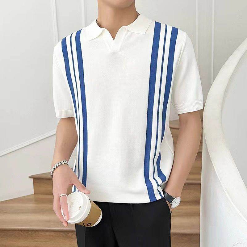 Men's Slim Lapel T-Shirt - Mixed Color Stripe for Summer Style - Buy Center US